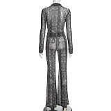 Autumn and Winter Python Print Mesh Lapel Zipper Cardigan and Flared Pants Suit XYWL-25ST445