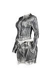 Fashionable Color Spray Elastic Design Zipper Long-sleeved Skirt Suit XINH-81012