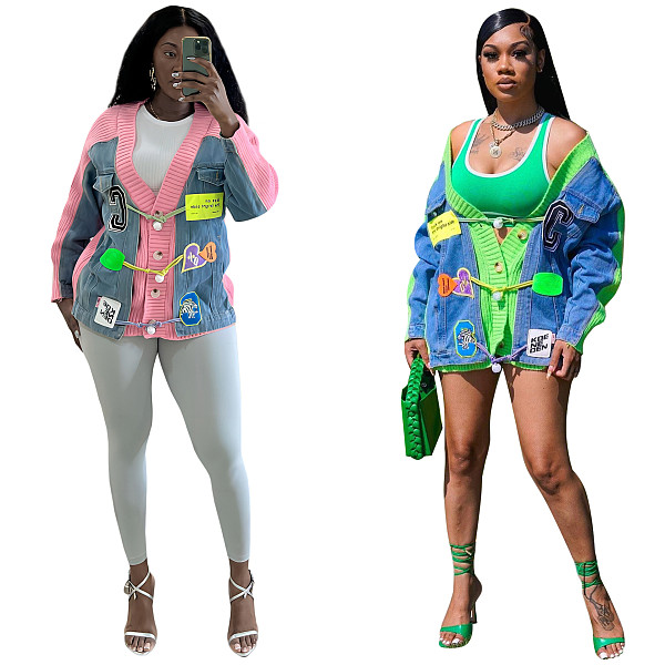 New Denim Patchwork Cardigan Knitted Sweater Coat CY-0041