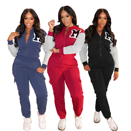 Casual Fleece-lined Letter Print Sweatshirt and Cargo Pants Two-piece Sports Set SFY-622