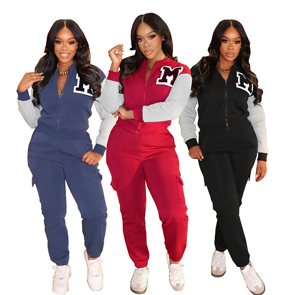 Casual Fleece-lined Letter Print Sweatshirt and Cargo Pants Two-piece Sports Set SFY-622