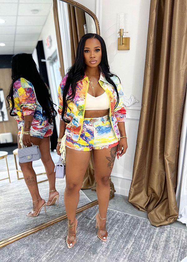 Fashionable Printed Long-sleeved Shirt and Shorts Set TE-4738