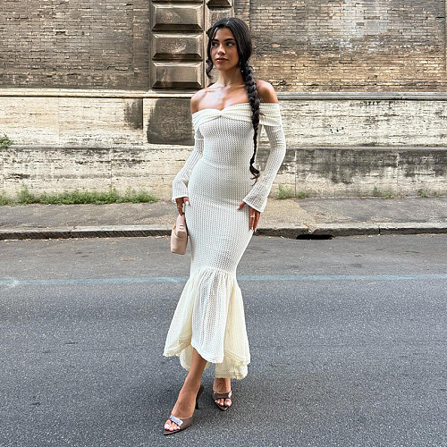 Sexy French-style Openwork Fitted Knit Off-shoulder Long Dress MRA-45380