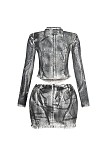 Fashionable Color Spray Elastic Design Zipper Long-sleeved Skirt Suit XINH-81012