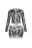 Fashionable Color Spray Elastic Design Zipper Long-sleeved Skirt Suit XINH-81012