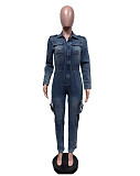 Fashion Washed High-elastic Long-sleeved One-piece Pants Denim Jumpsuit MEM-88596