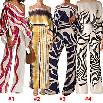 Satin Printed Loose One-shoulder Top And Trousers Two-piece Set SHD-9713