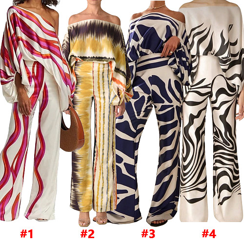 Satin Printed Loose One-shoulder Top And Trousers Two-piece Set SHD-9713