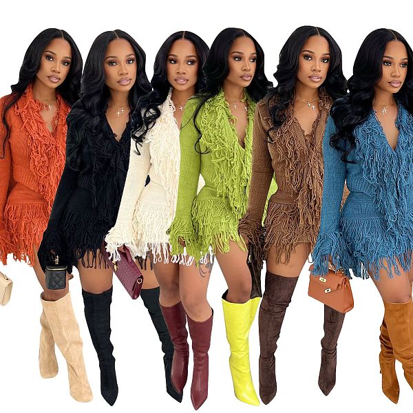 Autumn and Winter Knit Hand-Hooked Fringe Tie-Strap Long Sleeve High-Waisted Skirt Set CM-9533