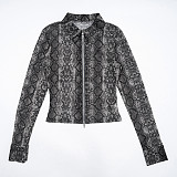 Autumn and Winter Python Print Mesh Lapel Zipper Cardigan and Flared Pants Suit XYWL-25ST445