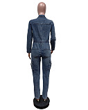 Fashion Washed High-elastic Long-sleeved One-piece Pants Denim Jumpsuit MEM-88596