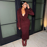 Sexy Deep V-neck Solid Color Knitted Hot Girl Hip-hugging Dress DLS-84208