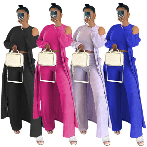 Solid Color Vest Long-sleeved Jacket Elastic Waist Wide-leg Trousers Three-piece Set GZDM-2421