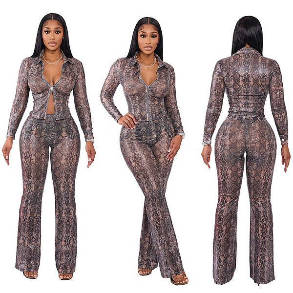 Autumn and Winter Python Print Mesh Lapel Zipper Cardigan and Flared Pants Suit XYWL-25ST445