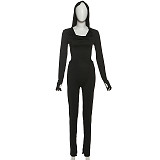 Black Sexy Backless Hooded Bodysuit ZJQD-82663