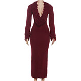 Sexy Deep V-neck Solid Color Knitted Hot Girl Hip-hugging Dress DLS-84208