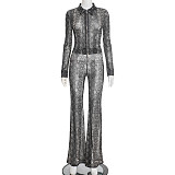 Autumn and Winter Python Print Mesh Lapel Zipper Cardigan and Flared Pants Suit XYWL-25ST445
