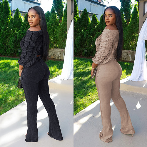 Casual Off-shoulder Long-sleeved Top and Trousers Two-piece Set BY-7568
