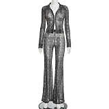 Autumn and Winter Python Print Mesh Lapel Zipper Cardigan and Flared Pants Suit XYWL-25ST445