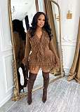 Autumn and Winter Knit Hand-Hooked Fringe Tie-Strap Long Sleeve High-Waisted Skirt Set CM-9533