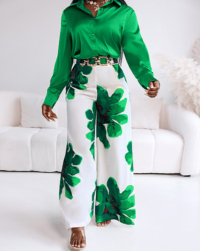 Long-sleeved Satin Shirt+High-waisted Wide-leg Flared Trousers Full Floral Patterns Without Belt RS-19688
