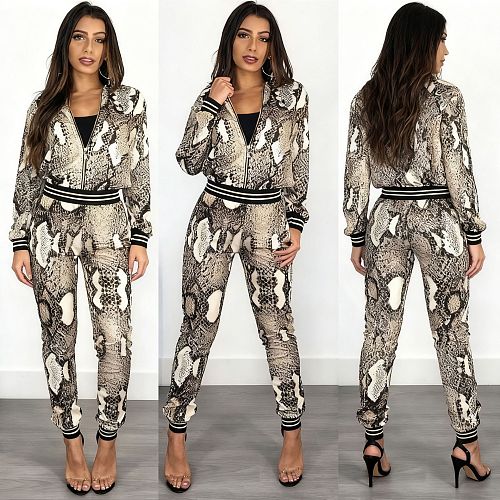 New Snake Print Zip-up Top and Trousers Two-piece Set HMS-6180