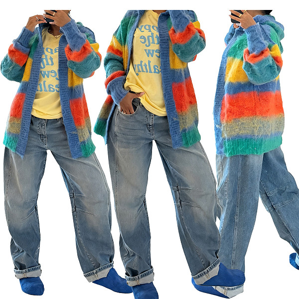 Colorful Striped Knitted Loose Cardigans Coat TR-1351