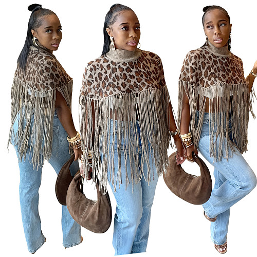 Casual Leopard Print Fringed Knitted Sweater Top TR-1347