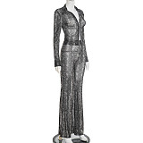Autumn and Winter Python Print Mesh Lapel Zipper Cardigan and Flared Pants Suit XYWL-25ST445