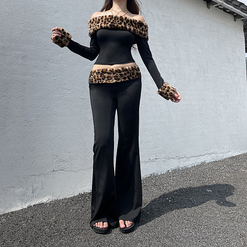 Plush Leopard Print Off Shoulder Long-sleeved Top Trouser Set MRA-39893