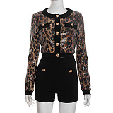Crew Neck Cardigan Leopard Print Sequined Crop Top Bodycon Shorts Suit XYWL-25ST379