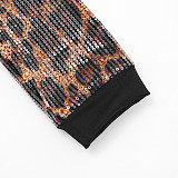 Crew Neck Cardigan Leopard Print Sequined Crop Top Bodycon Shorts Suit XYWL-25ST379