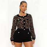 Crew Neck Cardigan Leopard Print Sequined Crop Top Bodycon Shorts Suit XYWL-25ST379