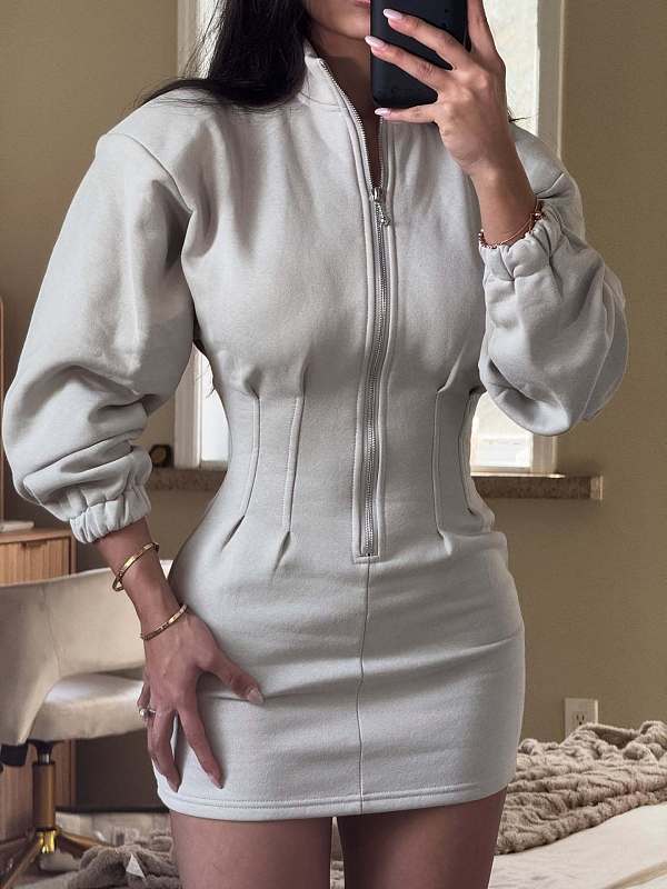 Solid Color Stand-up Collar Long-sleeved Fitted Waist Bodycon Dress XINH-81010