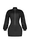 Solid Color Stand-up Collar Long-sleeved Fitted Waist Bodycon Dress XINH-81010
