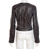 Autumn/Winter Distressed Leather Half-Open Collar Zipper Rivet Belt Short Jacket XYWL-25TP281