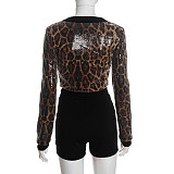 Crew Neck Cardigan Leopard Print Sequined Crop Top Bodycon Shorts Suit XYWL-25ST379