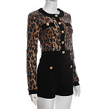 Crew Neck Cardigan Leopard Print Sequined Crop Top Bodycon Shorts Suit XYWL-25ST379