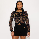 Crew Neck Cardigan Leopard Print Sequined Crop Top Bodycon Shorts Suit XYWL-25ST379