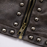 Autumn/Winter Distressed Leather Half-Open Collar Zipper Rivet Belt Short Jacket XYWL-25TP281