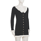 Chanel-inspired V-neck Fitted Waist Black Ruffled Collar Bodycon Knit Dress MRA-41238