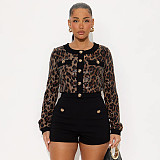 Crew Neck Cardigan Leopard Print Sequined Crop Top Bodycon Shorts Suit XYWL-25ST379