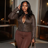 Autumn/Winter Distressed Leather Half-Open Collar Zipper Rivet Belt Short Jacket XYWL-25TP281