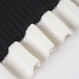 Chanel-inspired V-neck Fitted Waist Black Ruffled Collar Bodycon Knit Dress MRA-41238