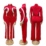 Fashionable Sports Contrast Color Long-sleeved Half-open Placket Elastic Waist Jumpsuit PMR-801
