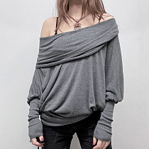 Solid Color Off-shoulder Batwing Sleeve Pleated Loose Top T-shirt MRA-41523