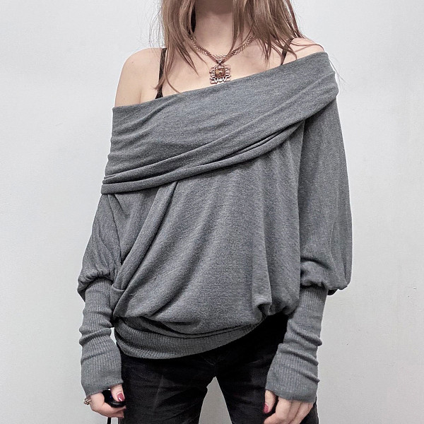 Solid Color Off-shoulder Batwing Sleeve Pleated Loose Top T-shirt MRA-41523