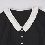 Chanel-inspired V-neck Fitted Waist Black Ruffled Collar Bodycon Knit Dress MRA-41238