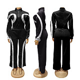Fashionable Sports Contrast Color Long-sleeved Half-open Placket Elastic Waist Jumpsuit PMR-801