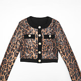Crew Neck Cardigan Leopard Print Sequined Crop Top Bodycon Shorts Suit XYWL-25ST379